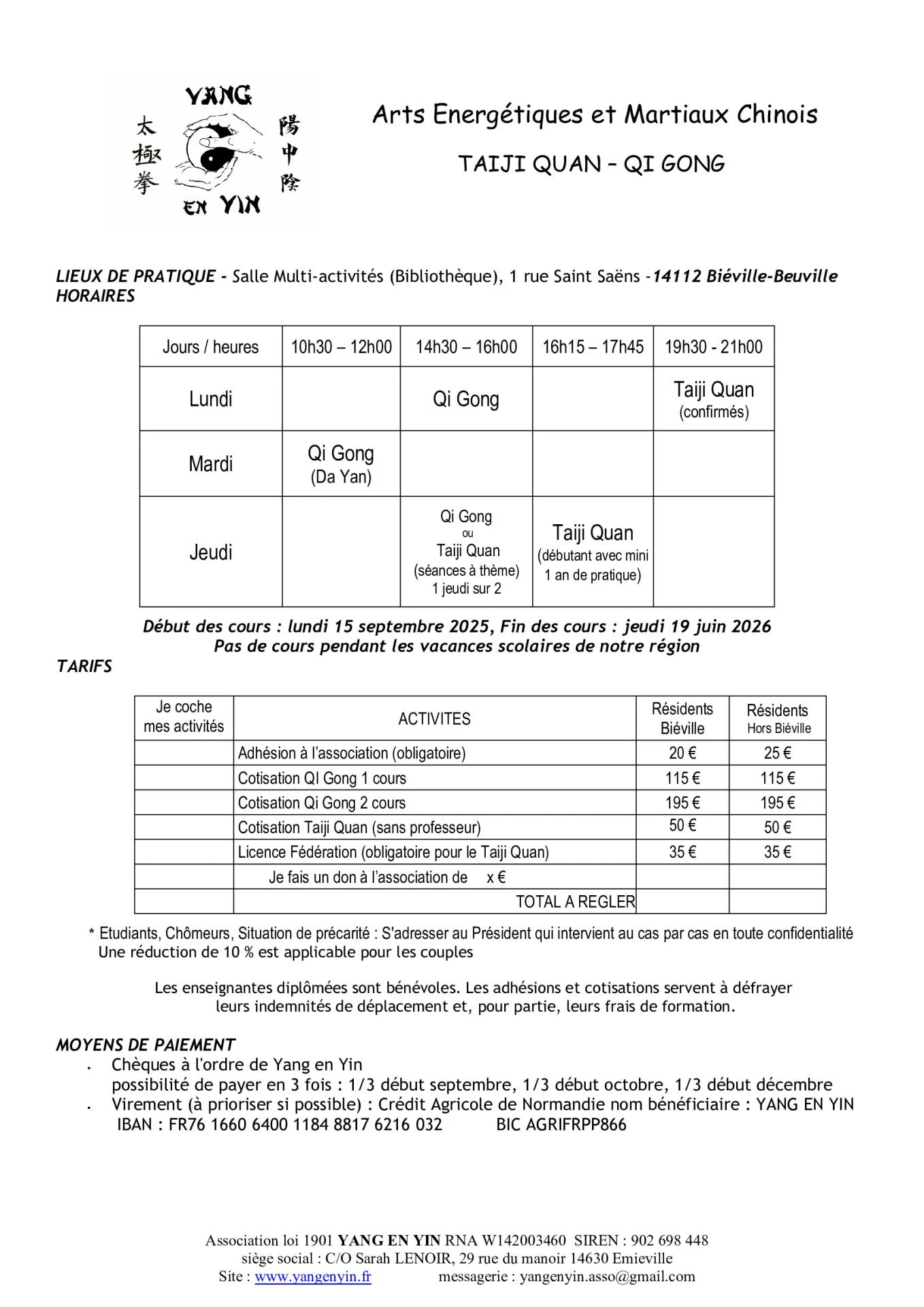 Horaires et tarifs yangenyin 2025 - 26